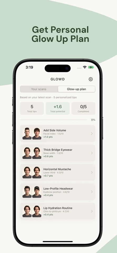 Personalized glow-up plan inside the GLOWD iPhone app